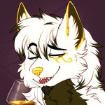 alcohol anthro beverage fur glass hair liquid looking_at_viewer male markings open_mouth simple_background smile smug solo teeth tigerinspace goldomond canid canine canis mammal wolf 1:1 digital_media_(artwork) hi_res