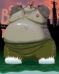 anchor anthro areola belly belly_overhang belt big_belly bottomwear chain_necklace clothed clothing flexing huge_moobs jewelry long_torso macro male musclegut muscular muscular_anthro muscular_male navel necklace nipples no_pupils obese obese_anthro obese_male overweight overweight_anthro overweight_male pants partially_submerged puffy_areola puffy_nipples short_arms tongue tongue_out topless topless_anthro topless_male vantablackbox nintendo splatoon cohozuna fish king_salmonid marine salmonid_(splatoon) 2025 hi_res