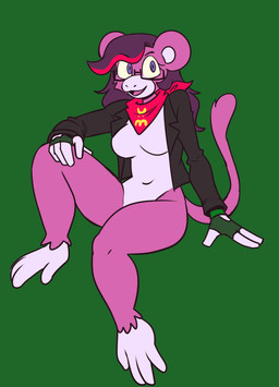 4_fingers 4_toes anthro barefoot big_breasts black_clothing black_eyewear black_glasses black_jacket black_topwear bottomless breasts clothed clothing eyewear featureless_breasts feet female fingerless_gloves fingers fur fusion glasses gloves green_background green_clothing green_gloves green_handwear hair hand_on_leg hand_on_thigh handwear jacket kerchief looking_at_viewer open_clothing open_jacket open_mouth open_topwear pink_body pink_fur pupils purple_eyes purple_hair red_hair red_kerchief shirtless simple_background sitting smile solo toes topwear white_body white_fur white_inner_ear yellow_sclera cerealharem mona_(ultilix) ulti_(ultilix) haplorhine mammal monkey primate 2023 absurd_res hi_res