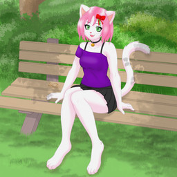 anthro bench biped bow_ribbon cute_fangs fangs female female_anthro fur hair park park_bench pink_hair relaxed_expression sitting smile solo teeth white_body white_fur kumachi karina_(kumachi) domestic_cat felid feline felis mammal 1:1 absurd_res hi_res