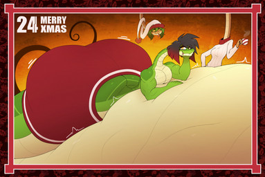 abdominal_bulge apode belly big_belly big_butt butt butt_cleavage christmas_clothing christmas_headwear clothed clothing cute_fangs duo emanata fangs female femboy forked_tongue hair hat headgear headwear highlights_(coloring) holidays huge_belly huge_butt hyper hyper_belly hyper_butt legless long_neck male male_focus multicolored_hair red_highlights santa_hat serpentine teeth tongue tongue_out topless topless_male two_tone_hair vore thorstone christmas kwang-sun_(thorstone) linh-bao_(thorstone) draconcopode naga hi_res