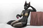 alcohol anthro beverage black_body black_fur black_hair bra breasts clothed clothing female fur glass hair legwear lingerie medium_breasts navel panties pose skimpy smile solo stockings underwear wine cayo anaya canid canine canis jackal mammal 2017 hi_res