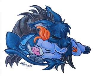ambiguous_gender claws duo eyes_closed feral forked_tail head_tuft hooves long_claws lying lying_on_another on_front plushie quadruped seam_(sewing) shell simple_background sleeping sleeping_together spikes spikes_(anatomy) tail tuft tusks unusual_anatomy unusual_tail wrenwhite neopets tenkowski animate_inanimate bori_(neopets) darigan_neopet living_plushie moehog neopet_(species) plushie_neopet 2025 colored_pencil_(artwork) signature traditional_media_(artwork)