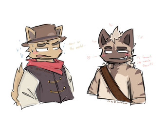 anthro blush clothing cowboy_hat cowboy_outfit dialogue duo hat headgear headwear kerchief male neckerchief neckwear red_kerchief red_neckerchief simple_background postel temptations_ballad_(visual_novel) cole_(temptations_ballad) wes_(temptations_ballad) canid canine canis coyote hyena mammal