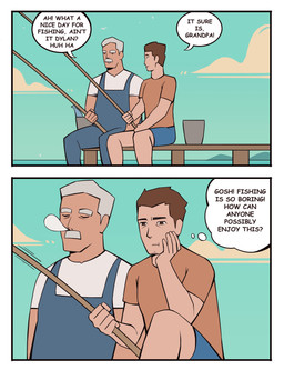 5_fingers arm_support blue_bottomwear blue_clothing blue_shorts bored bottomwear brown_eyes bucket closed_smile clothed clothed_human clothed_male clothing cloud container day dialogue dot_eyes duo eyebrows eyes_closed facial_hair fingers fishing_rod front_view fully_clothed fully_clothed_human fully_clothed_male grey_eyebrows grey_facial_hair grey_hair grey_mustache hair holding_fishing_rod holding_object looking_at_another male motion_lines mouth_closed mustache nose_bubble open_mouth outside overalls shirt shorts simple_eyes sitting sky sleeping small_comic smile speech_bubble talking_to_another tan_clothing tan_shirt tan_topwear teal_sky text thought_bubble topwear water white_clothing white_sclera white_shirt white_topwear bonnymama7 dylan_(bonnymama7) human mammal 2025 absurd_res comic digital_drawing_(artwork) digital_media_(artwork) english_text first_page flat_colors hi_res grandchild_(lore) grandfather_(lore) grandfather_and_grandchild_(lore) grandfather_and_grandson_(lore) grandparent_(lore) grandparent_and_grandchild_(lore) grandson_(lore)
