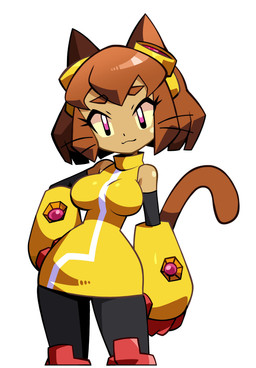 anthro breasts brown_body brown_hair clothing eyebrows eyelashes eyewear eyewear_on_head female goggles goggles_on_head hair hand_on_hip magenta_eyes open_mouth open_smile smile solo whiskers wide_hips yellow_clothing yellow_sclera niyuyu gameoverse glitch_productions kit_bodega domestic_cat felid feline felis mammal 2026 absurd_res hi_res