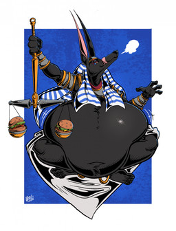 anthro arm_cuffs belly big_belly black_body black_fur breath burger crossed_legs cuff_(restraint) food fur half-closed_eyes headgear licking licking_lips male morbidly_obese morbidly_obese_anthro morbidly_obese_male narrowed_eyes navel obese obese_anthro obese_male overweight overweight_anthro overweight_male restraints sitting solo tongue tongue_out weighing_scale wrist_cuffs awoogasm atlus egyptian_mythology megami_tensei middle_eastern_mythology mythology sega anubis anubian_jackal canid canine canis deity jackal mammal 2026 hi_res signature