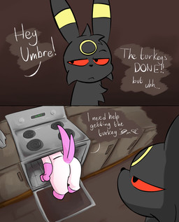 ambiguous_gender anthro appliance black_body black_eyes black_fur butt dialogue duo fur kitchen_appliance oven presenting presenting_hindquarters red_sclera stuck tail text white_body white_fur klydewitakay nintendo pokemon eeveelution generation_2_pokemon generation_6_pokemon mammal pokemon_(species) sylveon umbreon 2025 absurd_res digital_media_(artwork) english_text hi_res
