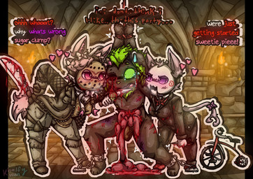 abuse anthro bdsm big_breasts blood blush bodily_fluids bondage bottomwear bound breasts clothed clothing crying cuff_(restraint) dialogue disembowelment female female/female forced fur genitals glistening glistening_body glowing gore gore_focus group guts hair hockey_mask holidays imminent_death intestines killing knife machete male male/female mask melee_weapon nipples nude open_mouth organs penis restraints rope rope_bondage scared shackles smile snuff sports_mask sportswear submissive suit tail tears text tongue topwear tricycle trio vehicle weapon khalfy_kun friday_the_13th_(series) halloween nintendo pokemon saw_(movie) billy_the_puppet jason_voorhees eevee eeveelution espeon generation_1_pokemon generation_2_pokemon generation_6_pokemon pokemon_(species) sylveon absurd_res english_text hi_res