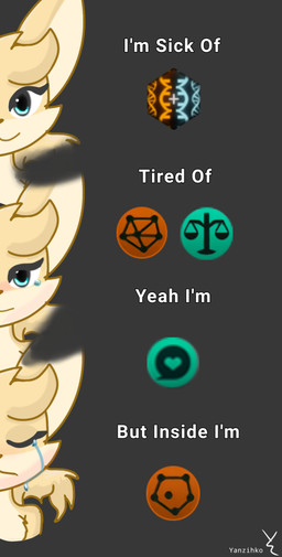 anthro blonde_hair blue_eyes blush bodily_fluids crying female fur hair solo tail tears text yellow_body yellow_fur yanzihko paradox_interactive stellaris canid canine fox mammal mammalian_(stellaris) mammalian_3 english_text hi_res