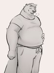 anthro belly biped bottomwear clothing eyebrows eyes_closed fur hair male open_mouth overweight overweight_anthro overweight_male pants shirt sigh simple_background smile solo standing sweatpants t-shirt tail topwear white_background mosin mosin_(character) mammal mustelid otter 2022 digital_drawing_(artwork) digital_media_(artwork) greyscale monochrome