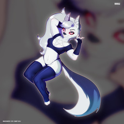 anthro bedroom_eyes breasts cleavage clothed clothing crop_top female hair hand_behind_head legs_together legwear long_hair looking_at_viewer midriff narrowed_eyes navel occult_symbol panties pantsless partially_clothed pentagram pentagram_top pose raised_arm raised_arms seductive shirt slim small_breasts smile smiling_at_viewer solo stockings symbol thick_thighs thong topwear underwear baxizdarkfox hellaverse helluva_boss mythology loona_(helluva_boss) canid canid_demon canine canis demon hellhound mammal mythological_canine mythological_creature wolf 1:1 absurd_res full-length_portrait hi_res pinup portrait