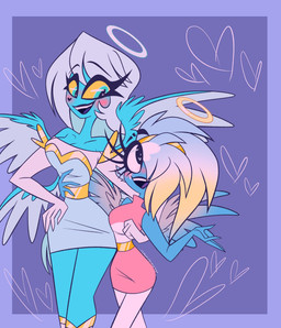 4_wings abstract_background back_wings blue_body blue_eyes blue_skin blush bottomwear clothed clothing dress duo eyelashes feathered_wings feathers female hair halo hand_on_hip heart_eyes heart_symbol long_eyelashes looking_at_another miniskirt multi_wing purple_background simple_background skirt smile white_hair wings yellow_sclera cosmicbrownee hellaverse helluva_boss sallie_may_(helluva_boss) verosika_mayday angel angel_humanoid humanoid colored hi_res trans_(lore) trans_woman_(lore)