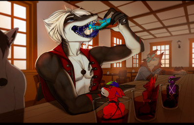 anthro bdsm black_bars black_body black_fur blue_body blue_eyes blue_fur blue_hair blue_mouth bodily_fluids bondage bound clothing collar drinking drooling fangs fur group hair imminent_vore inside_glass jewelry macro male male/male micro mouth_shot necklace open_mouth oral_vore purple_body purple_fur purple_hair red_body red_fur restraints rope rope_bondage rope_harness saliva size_difference soft_vore teeth throat topwear vest vore vore_tease white_body white_hair ms.sunrise destorarc emolg_(character) fremder kitsunaki konnifox aquatic canid canine canis fish fox mammal sergal shark wolf 2023 hi_res letterbox