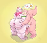 absurd_res anthro big_butt bite butt candy debudraws dessert duo exclamation_point food fruit generation_1_pokemon generation_6_pokemon heart_eyes heart_symbol hi_res huge_filesize humanoid male male/male motion_lines nintendo onomatopoeia overweight overweight_anthro overweight_male peach_(fruit) pink_body plant pokemon pokemon_(species) slowbro slowbro_(debudraws) slurpuff sound_effects spread_butt spreading text thought_bubble