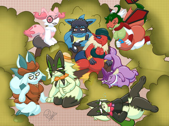 anthro blue_body blue_fur breasts clothing collared_shirt cowboy_hat dotted_background eyewear fart fart_cloud fart_fetish farting_together female fur glasses green_body green_fur green_scales group hat headgear headwear male multicolored_body multicolored_fur multicolored_scales pattern_background pink_body pink_fur purple_body purple_fur red_body red_fur red_scales scales scarf shirt simple_background thick_thighs topwear vest white_body white_fur wide_hips puppetz_(artist) nintendo pokemon lily_(puppetz) rosaria_(yikki) blaziken braixen eeveelution generation_1_pokemon generation_3_pokemon generation_4_pokemon generation_6_pokemon generation_9_pokemon glaceon lucario meowscarada pokemon_(species) vaporeon 2024 4:3 absurd_res digital_drawing_(artwork) digital_media_(artwork) hi_res signature