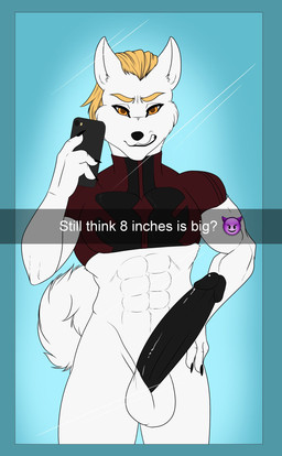 abs anthro balls big_balls big_penis biped black_glans black_penis blonde_hair bottomless camera_view clothed clothing crop_top erection genitals glans hair huge_penis humanoid_genitalia humanoid_penis looking_at_viewer male mirror muscular muscular_anthro muscular_male orange_eyes penis selfie shirt solo standing text tight_clothing topwear white_balls calheb-db snapchat canid canine mammal english_text hi_res