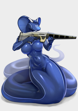 anthro apode biped blue_clothing blue_latex blue_skinsuit breasts clothed clothed_anthro clothed_female clothing drone dronesuit female fingers front_view gun holding_gun holding_object holding_ranged_weapon holding_rifle holding_weapon latex latex_clothing latex_skinsuit legless navel ranged_weapon rifle serpentine simple_background skinsuit solo tail tight_clothing weapon treyer draconcopode naga reptile scalie snake 2026 absurd_res digital_drawing_(artwork) digital_media_(artwork) hi_res
