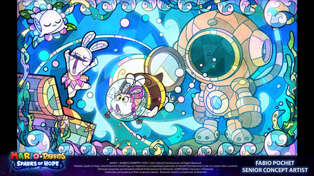 ambiguous_gender antennae_(anatomy) anthro black_hair black_stripes blue_hair_tie braided_pigtails bubble copyright_symbol diving_helmet diving_suit duo eyelashes eyes_closed female female_anthro freckled_face freckles fully_submerged fur hair hair_bun insect_wings kelp leaf lidded_eyes long_ears mitten_hands mouthless multicolored_body multicolored_fur music_box noseless open_mouth pillow pink_inner_ear pink_tongue purple_hair sea seabed stained_glass stinger striped_body striped_fur stripes swimming symbol text title tongue underwater water white_body white_fur white_pillow white_wings wings yellow_body yellow_eyes yellow_fur fabio_pochet mario_bros mario_plus_rabbids_sparks_of_hope nintendo raving_rabbids rayman_(series) ubisoft bea_(mario_plus_rabbids) animate_inanimate arthropod bee bee-rabbid hybrid hymenopteran insect lagomorph living_pillow mammal rabbid 16:9 2022 4k absurd_res artist_name colored crossover digital_drawing_(artwork) digital_media_(artwork) english_description english_text hi_res official_art widescreen