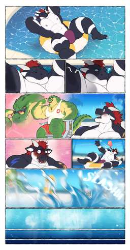 anthro barazoku bedroom_eyes black_body blue_eyes blush bulge clothing duo eyewear flirting hair horn lifeguard lifeguard_chair male male/male markings muscular muscular_male narrowed_eyes nipples pecs pool_float red_hair seductive shirt speedo sunglasses swimming_pool swimwear t-shirt tail tattoo topwear whistle_(object) whistle_around_neck yellow_eyes mafekoba league_of_legends mythology riot_games tencent pool_party_renekton renekton telius crocodile crocodilian dragon mythological_creature mythological_scalie reptile scalie absurd_res comic hi_res