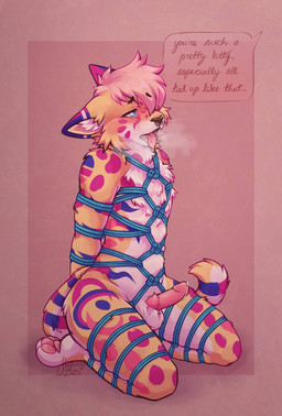 anthro bdsm bodily_fluids bondage bound desperation facial_piercing femboy genital_fluids genitals jebol knot leaking_precum male nose_piercing penis petplay piercing praise precum restraints roleplay rope rope_bondage rope_harness solo sinpubby felid feline mammal serval hi_res