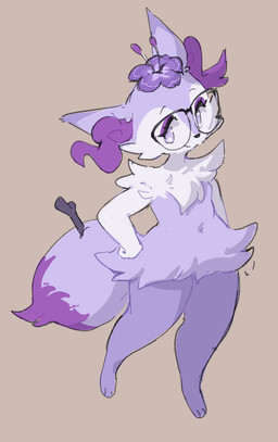 alternate_color anthro eyewear eyewear_only female flower_on_head fur glasses glasses_only hand_on_hip navel nude purple_body purple_fur simple_background smile solo standing tail twig wearing_glasses eerieviolet nintendo pokemon nova_(eerieviolet) braixen generation_6_pokemon pokemon_(species) digital_media_(artwork) hi_res