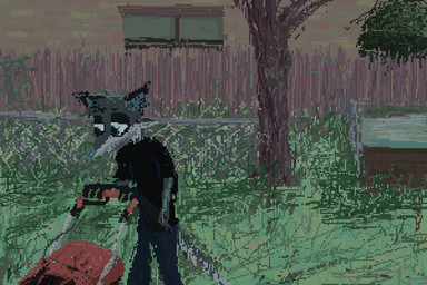 anthro black_clothing black_shirt black_t-shirt black_topwear blue_bottomwear blue_clothing blue_pants bottomwear building clothed clothing detailed_background fur grass grey_body grey_fur house lawn_mower lawn_mowing male outside pants plant shirt solo t-shirt topwear tree demensa emil_(demensa) canid canine canis coyote domestic_dog hybrid mammal 2021 3:2 digital_media_(artwork) pixel_(artwork)