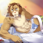 abs anthro bed bedding biceps big_muscles biped blanket blue_briefs blue_clothing blue_eyes blue_underwear briefs brown_body brown_fur bulge cigarette claws clothed clothing eyewear fur furniture glasses heart_symbol looking_at_viewer lying male muscular muscular_anthro muscular_male on_side pattern_briefs pecs pillow pose print_briefs print_clothing print_underwear smoke smoking solo star striped_briefs tattoo topless two_tone_briefs underwear white_body white_briefs white_clothing white_fur white_underwear undertaker felid lion mammal pantherine 1:1 hi_res