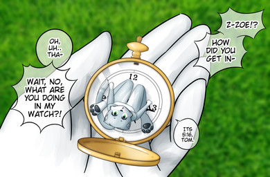 anthro black_nose clock confusion dialogue exclamation_point female fur green_eyes grey_body grey_fur holding_another holding_micro holding_object humanoid_hands inside_object looking_up micro multicolored_body multicolored_fur nude open_mouth pawpads paws pocketwatch question question_mark speech_bubble text two_tone_body two_tone_fur watch white_body white_fur dyone_pro tom_(zoeandtom) zoe_(zoeandtom) domestic_cat felid feline felis mammal absurd_res english_text hi_res