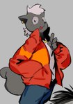 5_fingers anthro bottomwear clothing ear_piercing fingers freckles fur gesture grey_body grey_fur hair hand_gesture happy jacket jewelry looking_at_viewer male necklace open_mouth pants piercing red_clothing red_jacket red_topwear shirt simple_background solo tail topwear v_sign white_clothing white_hair white_shirt white_topwear 0m8 odd_taxi shun_imai_(odd_taxi) mammal mephitid skunk 2024 hi_res