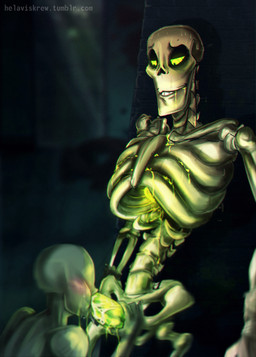 ambiguous_gender blush bodily_fluids bone cum duo erection fellatio genital_fluids genitals glowing glowing_genitalia glowing_penis male male/ambiguous oral penile penis sex skeleton slime helaviskrew undertale undertale_(series) anon papyrus_(undertale) animated_skeleton humanoid undead hi_res incest_(lore)