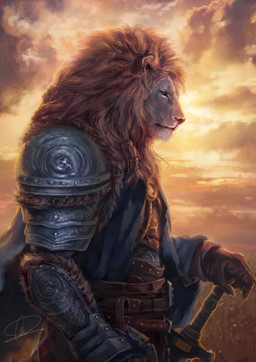 accessory anthro armor belt cape clothing edwardch93 gloves hair_accessory hair_ring handwear male mane melee_weapon outside side_view solo sunset sword weapon felid lion mammal pantherine absurd_res digital_media_(artwork) digital_painting_(artwork) hi_res painting_(artwork)