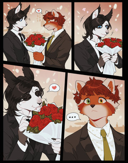 5_fingers accessory alternative_fashion anthro astonishment back_markings biped black_blazer black_body black_clothing black_ears black_fur black_hair black_necktie black_nose black_topwear blazer blue_eyes bouquet brown_body brown_fur brown_hair chewing chewing_object classy claws clothed clothed_anthro clothed_male clothing collared_shirt comic_panel costume detailed_background duo ear_markings eating eating_flower eating_food eye_markings eyebrows finger_claws fingers flower flower_bouquet food friends_with_benefits fully_clothed fully_clothed_anthro fully_clothed_male fur furniture gift gloves_(marking) goth green_eyes green_necktie grey_arms grey_back grey_body grey_fur grey_hands grey_markings hair head_markings heart_symbol heterochromia holding_food holding_object holidays humor inner_ear_fluff inside intimacy intimate intimidation leg_markings long_hair looking_pleasured love male male/male markings multicolored_body multicolored_fur necktie omnivore_teeth orange_body orange_fur plant plantigrade print_clothing print_shirt print_topwear public restaurant romantic romantic_couple rose_(flower) shirt shocked skinny slim slim_anthro slim_male small_waist smile smiling_at_another smiling_at_partner socks_(marking) squirrel_ears squirrel_tail standing suit suit_and_tie surprised tail tail_markings tail_tuft teeth teeth_showing topwear tuft white_arms white_body white_chest white_clothing white_fingers white_fur white_shirt white_topwear wood wood_furniture flyfiehel valentine's_day eric_martins unnamed_character ailurid mammal red_panda rodent sciurid tree_squirrel 2026 colored comic digital_drawing_(artwork) digital_media_(artwork) half-length_portrait hi_res meme painting_(artwork) portrait