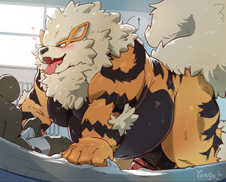 anthro anthrofied balls blush clothing duo erection erection_under_clothing genitals heart_symbol interspecies kemono male male/male overweight overweight_male penis pokephilia 4th_orcaoid nintendo pokemon arcanine generation_1_pokemon pokemon_(species) 2026 censored hi_res