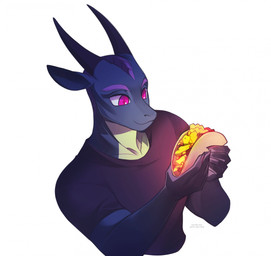 anthro black_clothing black_shirt black_t-shirt black_topwear blue_body blue_ears blue_horn clothed clothing food holding_food holding_object holding_taco horn male male_anthro mouth_closed pink_eyes shirt simple_background solo t-shirt taco text topwear white_background unknowhiter mythology dragon mythological_creature mythological_scalie scalie 2025 absurd_res artist_name bust_portrait dated hi_res portrait