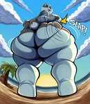 anthro beach big_butt butt butt_jiggle butt_slap clothing cloud huge_butt jiggling low-angle_view male metal overweight overweight_male robotic_arm slap slightly_chubby smile solo standing thick_thighs thong underwear wide_hips nathanatwar cartoon_network mao_mao:_heroes_of_pure_heart badgerclops badger mammal mustelid musteline absurd_res hi_res