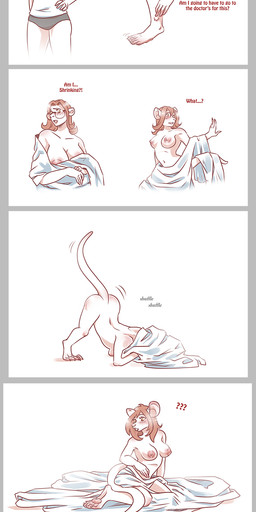 anthro big_breasts biped bite_mark blush breasts brown_hair butt clothed clothing combined_panel dialogue eyewear female glasses hair human_to_anthro nipples nude open_mouth question_mark shirt shrinking simple_background sitting size_transformation solo species_transformation standing surprised text topwear transformation transformation_sequence white_background strawberrytfs human mammal mouse murid murine rodent 2019 artist_name english_text hi_res sequence shaded