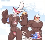 abs american_flag american_flag_bikini anthro beak big_breasts big_hands bikini bikini_bottom bikini_thong bikini_top blush blush_lines bodily_fluids breasts brown_body brown_feathers bulge cleavage clothed clothing clothing_lift dialogue duo eyewear feathers female flag_bikini holding_breast looking_at_another looking_back male muscular muscular_anthro muscular_female muscular_male navel non-mammal_breasts outside pecs sky speech_bubble steam sunglasses sunscreen sweat sweatdrop sweaty_legs sweaty_thighs swimming_trunks swimwear tail tail_feathers text two-piece_swimsuit united_states_of_america white_body white_feathers winged_arms wings yellow_beak doodledox carol_(doodledox) accipitrid accipitriform avian bald_eagle bird eagle sea_eagle english_text