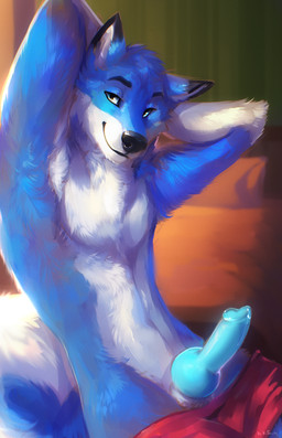 animal_genitalia animal_penis anthro black_eyebrows black_nose blue_body blue_eyes blue_fur blue_penis bottomwear bottomwear_down canine_genitalia canine_penis clothing curled_tail erection eyebrows fur genitals hands_behind_head inside knot knotted_penis looking_at_viewer male multicolored_body multicolored_fur penis sheath sitting smile snout solo tail two_tone_body two_tone_fur white_body white_fur kinsheph deaton canid canine canis domestic_dog husky mammal nordic_sled_dog spitz hi_res