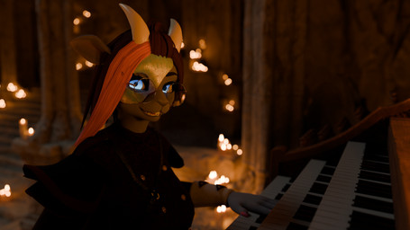 anthro candle clothing eyewear female formal_wear glasses inside keyboard_instrument looking_at_viewer mask musical_instrument opera organ_(musical_instrument) porcelain smile solo sanythefox rose_(rosethegoat) bovid caprine goat mammal 3d_(artwork) absurd_res digital_media_(artwork) hi_res
