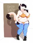 anthro belly big_breasts black_hair black_lips black_nose bodily_fluids bottomwear bra breasts chest_tuft claws clothed clothing cuddly denim denim_bottomwear denim_clothing door dressing feet female fitting_room fur hair hindpaw jeans lips mature_anthro mature_female overweight overweight_anthro overweight_female pants paws simple_background solo struggling struggling_to_fit sweat teeth text thong toes tuft underwear white_body white_fur herro surry_(surrykitten) domestic_cat felid feline felis mammal english_text