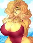 2020 amber_eyes anthro belly big_breasts breasts canid canine canis cleavage clothed clothing curvy_figure digital_media_(artwork) domestic_dog eyelashes female front_view hair hi_res huge_breasts hunting_dog long_hair looking_at_viewer mabel_(cherrikissu) mammal mature_anthro mature_female misentes one-piece_swimsuit open_mouth saluki sighthound slightly_chubby solo swimwear voluptuous water wide_hips