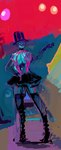 abstract_background anthro big_breasts boots bottomwear breasts clothed clothing dancewear exposed_breasts female footwear hat headgear headwear legwear shoes skimpy skirt smile solo straps_across_chest thigh_highs top_hat tutu turbinedivinity salisha amphibian salamander color_contrast colorful_theme digital_media_(artwork) digital_painting_(artwork) hi_res