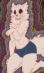 abstract_background anthro blue_eyes boxer_briefs bulge clothing electricity fur kneeling male male_anthro paw_pose pose psychedelic smile solo style_emulation underwear white_body white_fur artbyyellowdog epilepsy_warning louis_wain_(copyright) domestic_cat felid feline felis mammal 2022 absurd_res hi_res inspired_by_formal_art signature