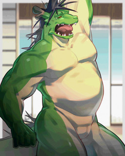 2_horns animal_genitalia anthro black_mane countershade_arms countershade_legs countershade_scales countershade_torso countershading genital_slit genitals green_body green_scales horn male mane multicolored_body multicolored_scales muscular muscular_anthro muscular_male nude red_sclera scales sharp_teeth solo tail tan_body tan_countershading tan_scales teeth two_tone_body two_tone_scales pu94_d1de4c morenatsu mythology tatsuki_midoriya dragon eastern_dragon mythological_creature mythological_scalie scalie 2026 hi_res