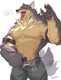 5_fingers anthro arm_strap belt belt_buckle big_muscles biped black_body black_claws black_clothing black_fur black_pawpads black_underwear bodily_fluids bottomwear buckle claws clothed clothed_anthro clothed_male clothing countershade_arms countershade_face countershade_fur countershade_hands countershade_neck countershade_torso countershading dialogue eyebrows finger_claws fingerpads fingers front_view fur green_bottomwear green_clothing greeting holding_belt holding_object huge_muscles inner_ear_fluff male monotone_bottomwear monotone_clothing motion_lines multicolored_body multicolored_clothing multicolored_fur multicolored_underwear muscular muscular_anthro muscular_male neck_tuft nervous nervous_sweat open_belt open_mouth open_smile pawpads pecs pink_inner_ear pink_inner_ear_fluff pose raised_arm red_tongue simple_background smile snout solo speech_bubble sweat sweatdrop sweaty_face tail tail_motion tailwag tan_body tan_countershading tan_eyebrows tan_fur text text_on_clothing text_on_underwear tongue tongue_showing topless topless_anthro topless_male tuft two_tone_body two_tone_clothing two_tone_fur two_tone_underwear underwear underwear_showing undressing unzipped unzipped_pants white_background white_clothing white_underwear zipper kuromonsart canid mammal 2025 absurd_res artist_name colored dated digital_drawing_(artwork) digital_media_(artwork) english_text hi_res portrait three-quarter_portrait
