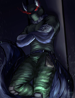 anthro army army_clothing army_outfit army_uniform balaclava belt biceps big_muscles big_pecs black_balaclava black_clothing black_mask blue_body blue_fur bottomwear bulge camo camo_bottomwear camo_clothing camo_pants camo_print claws clothing crossed_arms evil_face evil_look fur glare glaring glaring_at_viewer green_bottomwear green_clothing green_pants green_shirt green_topwear intimidation knee_pads leaning leaning_backward leaning_on_pole looking_at_viewer looking_down looking_down_at_viewer looming low-angle_view male manly mask masked_male menancing military military_clothing military_pants military_uniform muscular muscular_anthro muscular_male night pants pattern_bottomwear pattern_clothing pattern_pants pecs raindrop raining red_eyes shadow shirt soldier solo standing thick_arms topwear tough_guy uniform warrior slashset canid canine canis mammal wolf hi_res