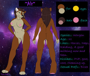 4_toes anthro areola biped black_hair black_nose breasts brown_body brown_fur brown_hair color_swatch digitigrade feet female fur genitals hair half-closed_eyes hands_on_hips looking_at_viewer narrowed_eyes navel nipples nude pink_nipples pose rear_view smile solo space standing star tan_body tan_fur text toes vulva yellow_eyes flynx-flink blizzard_entertainment warcraft alt canid mammal werecanid werecreature worgen 2011 digital_media_(artwork) english_text model_sheet signature