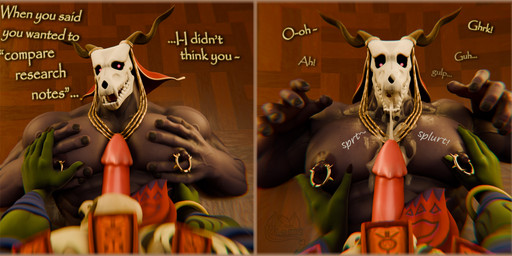 anthro bodily_fluids bone bottomwear clothed clothing cum cum_in_mouth cum_inside cumshot dialogue duo ejaculation first_person_view genital_fluids genitals horn jewelry loincloth male male/male muscular muscular_male necklace nipple_piercing nipples onomatopoeia oral partially_clothed pecjob pecs penis piercing sex skull skull_head sound_effects surprised swallowing_sound_effect text two_panel_image potatotime briganfi_(modeler) chiefkaine_(modeler) terraria the_ancient_magus'_bride elias_ainsworth witch_doctor_(terraria) demon lihzahrd monster scalie 3d_(artwork) absurd_res blender_(artwork) digital_media_(artwork) english_text hi_res watermark