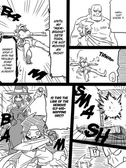 female magic_user male melee_weapon not_furry sword text warrior weapon jin_(mugenjin) elfxorc elf human humanoid mammal orc 3:4 comic english_text monochrome